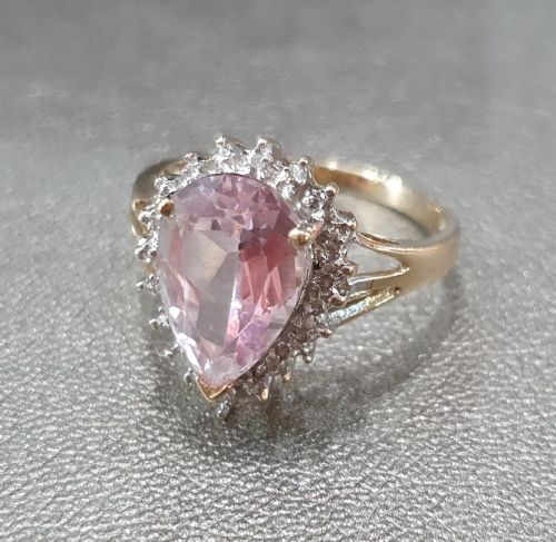 MORGANITE 3CTS PEAR CUT WITH DIAMOND HALO 9CT GOLD RING SIZE P - ADDITIONAL PHOTO 13