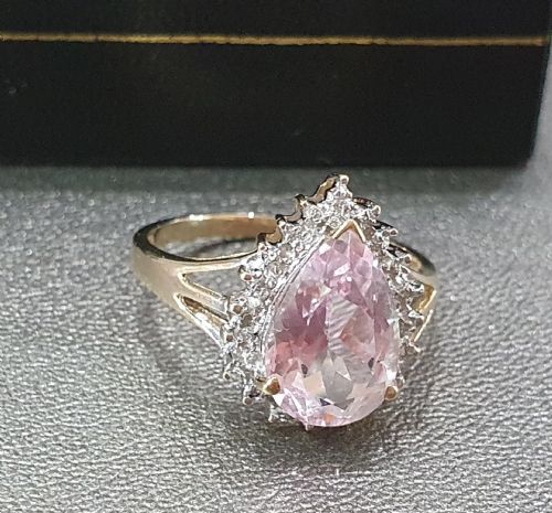 MORGANITE 3CTS PEAR CUT WITH DIAMOND HALO 9CT GOLD RING SIZE P - ADDITIONAL PHOTO 15