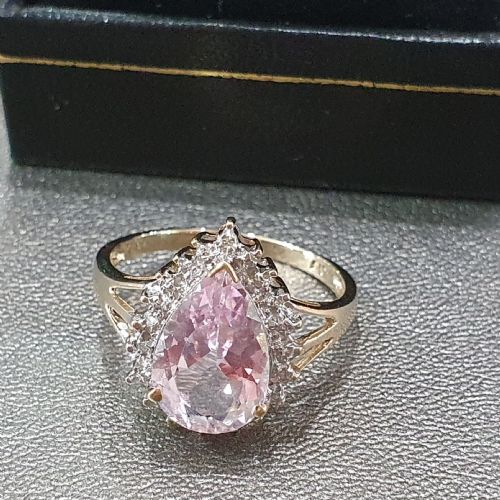 MORGANITE 3CTS PEAR CUT WITH DIAMOND HALO 9CT GOLD RING SIZE P - ADDITIONAL PHOTO 16