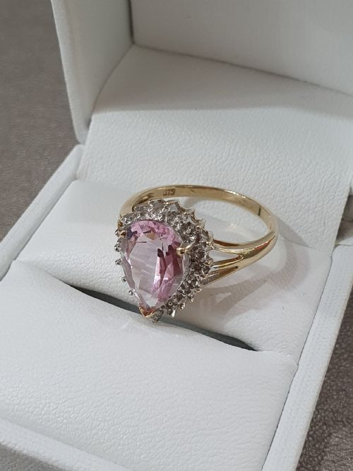 MORGANITE 3CTS PEAR CUT WITH DIAMOND HALO 9CT GOLD RING SIZE P - ADDITIONAL PHOTO 8