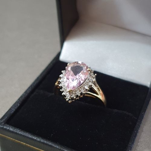 MORGANITE 3CTS PEAR CUT WITH DIAMOND HALO 9CT GOLD RING SIZE P - ADDITIONAL PHOTO 17