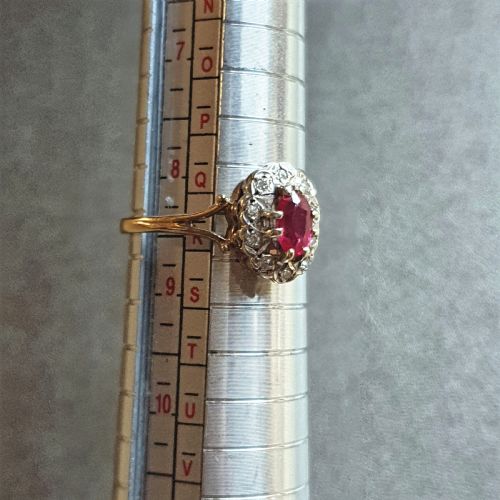 OVAL CUT RUBY ROSE CUT DIAMOND HALO 9CT GOLD C1950S VINTAGE RING SIZE R - ADDITIONAL PHOTO 10