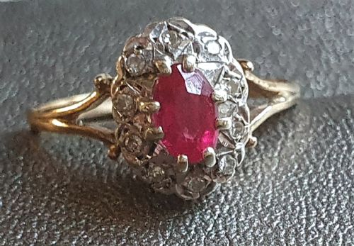 OVAL CUT RUBY ROSE CUT DIAMOND HALO 9CT GOLD C1950S VINTAGE RING SIZE R - ADDITIONAL PHOTO 13