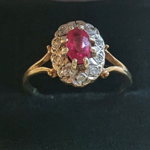 OVAL CUT RUBY ROSE CUT DIAMOND HALO 9CT GOLD C1950S VINTAGE RING SIZE R - ADDITIONAL PHOTO 14