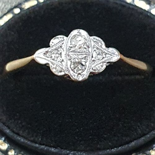 art deco platinum set diamonds on 9ct gold ring size n - CATEGORY: ANTIQUE JEWELLERY - DATED 1920