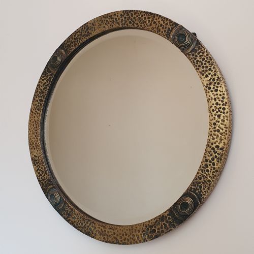 ARTS CRAFTS HAMMERED BRASS MIRROR C1910 READY TO HANG WALL MIRROR - ADDITIONAL PHOTO 1