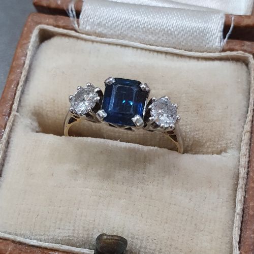 art deco sapphire 12ct diamond 18ct gold ring trilogy size l - CATEGORY: ANTIQUE JEWELLERY - DATED 1930
