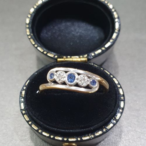 ART DECO DIAMOND CEYLON SAPPHIRE PLATINUM 9CT GOLD TOURBILLON DESIGN RING SIZE P - ADDITIONAL PHOTO 2