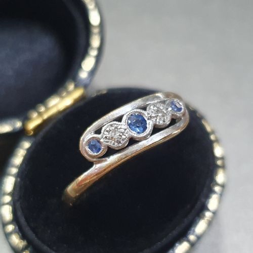 ART DECO DIAMOND CEYLON SAPPHIRE PLATINUM 9CT GOLD TOURBILLON DESIGN RING SIZE P - ADDITIONAL PHOTO 4