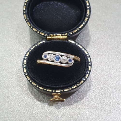 ART DECO DIAMOND CEYLON SAPPHIRE PLATINUM 9CT GOLD TOURBILLON DESIGN RING SIZE P - ADDITIONAL PHOTO 13