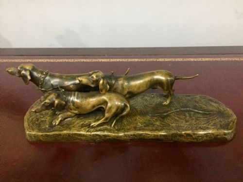 gornik rare austrian bronze dachshund trio c1910 - CATEGORY: ANTIQUE SCULPTURES - DATED 1910