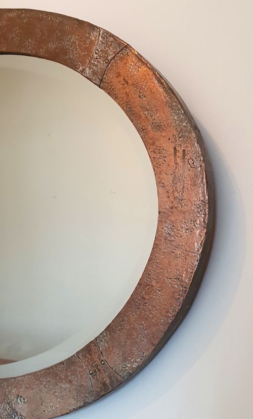 ARTS CRAFTS SILVER OVER BRONZE COPPER STUDDED OVAL WALL MIRROR WITH ORIGINAL WOODEN BACKING - ADDITIONAL PHOTO 3