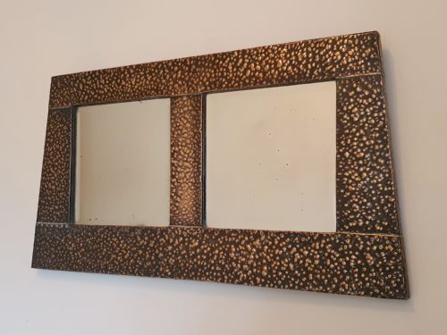 ARTS CRAFTS RARE HAMMERED COPPER DOUBLE BEVELLED GLASS WALL MIRROR ORIGINAL CHAIN READY TO HANG - ADDITIONAL PHOTO 1