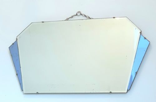 ART DECO FAN MIRROR BLUE GLASS PANELS ORIGINAL WOODEN BACKING HANGING CHAIN C1920S - ADDITIONAL PHOTO 1