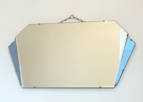 ART DECO FAN MIRROR BLUE GLASS PANELS ORIGINAL WOODEN BACKING HANGING CHAIN C1920S - ADDITIONAL PHOTO 3