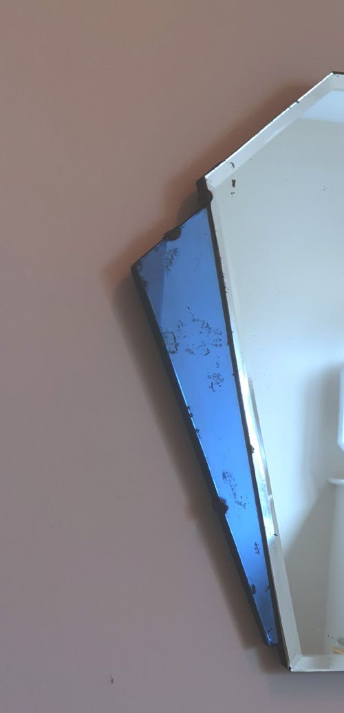 ART DECO FAN MIRROR BLUE GLASS PANELS ORIGINAL WOODEN BACKING HANGING CHAIN C1920S - ADDITIONAL PHOTO 5