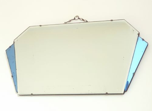 ART DECO FAN MIRROR BLUE GLASS PANELS ORIGINAL WOODEN BACKING HANGING CHAIN C1920S - ADDITIONAL PHOTO 6