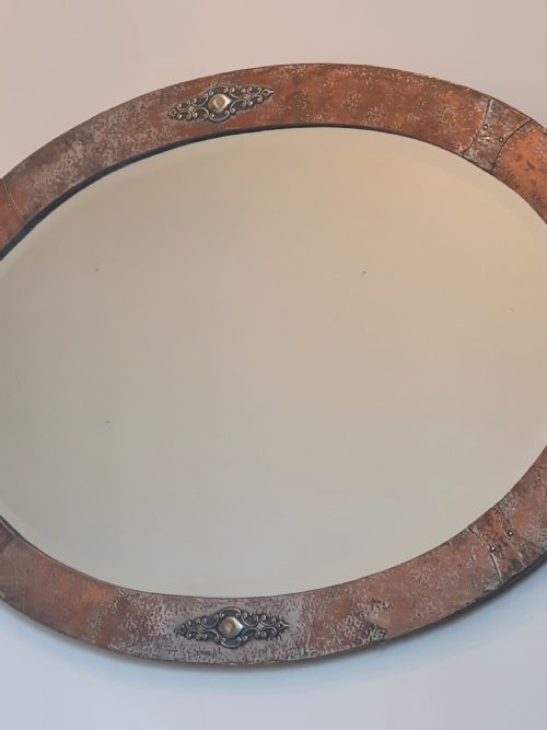ARTS CRAFTS SILVER OVER BRONZE COPPER STUDDED OVAL WALL MIRROR WITH ORIGINAL WOODEN BACKING - ADDITIONAL PHOTO 1