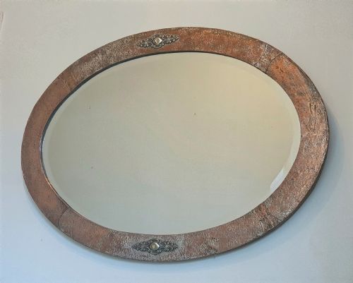 ARTS CRAFTS SILVER OVER BRONZE COPPER STUDDED OVAL WALL MIRROR WITH ORIGINAL WOODEN BACKING - ADDITIONAL PHOTO 4