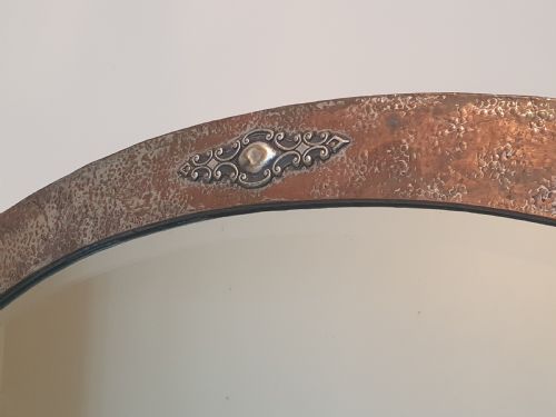ARTS CRAFTS SILVER OVER BRONZE COPPER STUDDED OVAL WALL MIRROR WITH ORIGINAL WOODEN BACKING - ADDITIONAL PHOTO 5