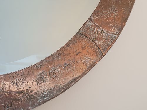 ARTS CRAFTS SILVER OVER BRONZE COPPER STUDDED OVAL WALL MIRROR WITH ORIGINAL WOODEN BACKING - ADDITIONAL PHOTO 6