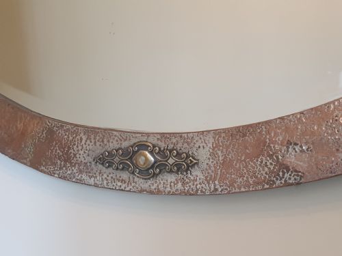 ARTS CRAFTS SILVER OVER BRONZE COPPER STUDDED OVAL WALL MIRROR WITH ORIGINAL WOODEN BACKING - ADDITIONAL PHOTO 7