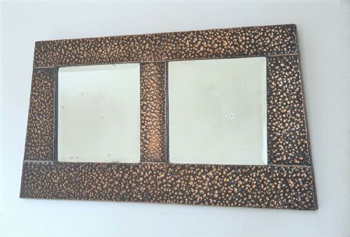 arts crafts rare hammered copper double bevelled glass wall mirror original chain ready to hang - CATEGORY: ANTIQUE MIRRORS - DATED 1910