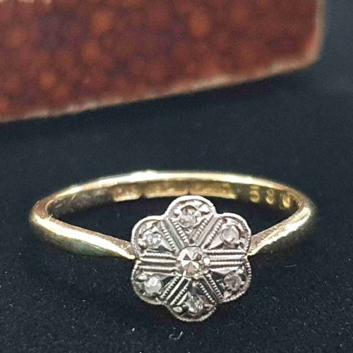 art deco diamond platinum 18ct geometric daisy ring empire's largest jeweller 1920s h samuel ring size m - CATEGORY: ANTIQUE JEWELLERY - DATED 1920