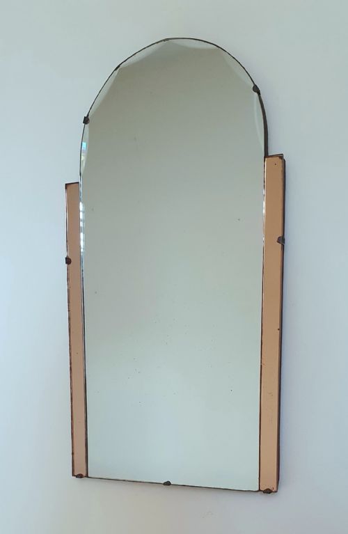 ART DECO MIRROR PETITE PORTRAIT PEACH SIDES BEVELLED ARCH TOP READY TO HANG - ADDITIONAL PHOTO 1