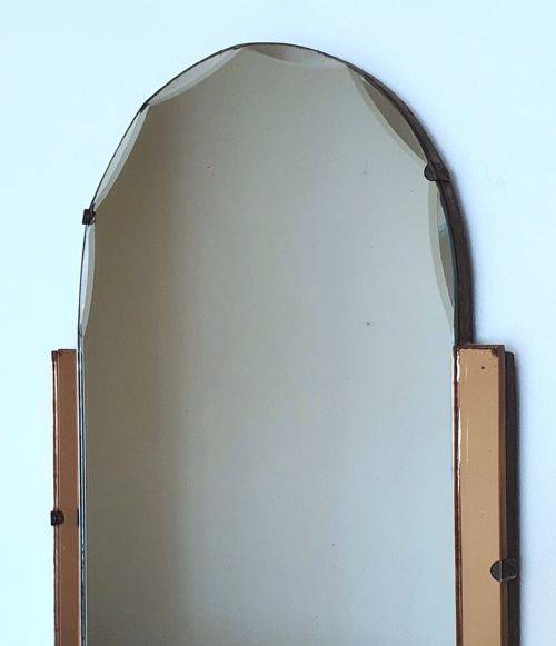 ART DECO MIRROR PETITE PORTRAIT PEACH SIDES BEVELLED ARCH TOP READY TO HANG - ADDITIONAL PHOTO 2