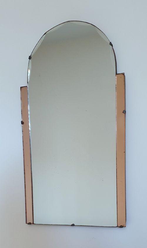 ART DECO MIRROR PETITE PORTRAIT PEACH SIDES BEVELLED ARCH TOP READY TO HANG - ADDITIONAL PHOTO 4