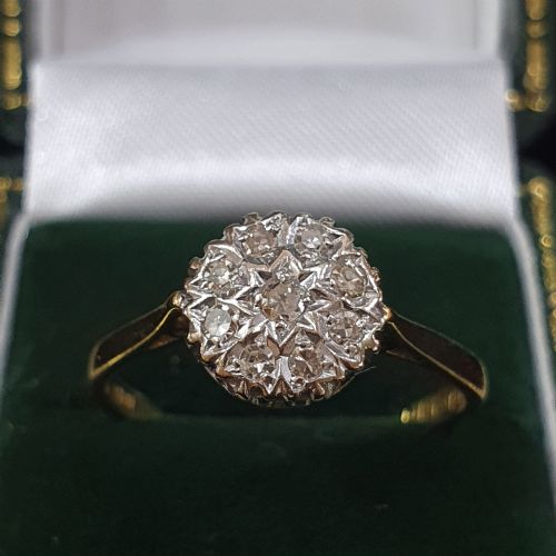 art deco 1938 diamond cluster 18ct platinum ring size q - CATEGORY: ANTIQUE JEWELLERY - DATED 1930