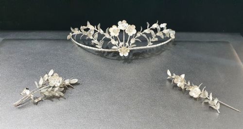 EDWARDIAN CONTINENTAL SILVER TIARA GROOMSMEN PINS MYRTLE BRIDAL SET C1910 - ADDITIONAL PHOTO 12