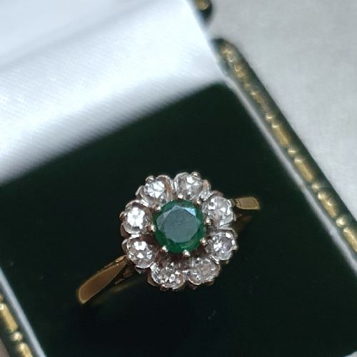ART DECO EMERALD DIAMOND 18CT GOLD FLOWER HALO RING SIZE M - ADDITIONAL PHOTO 2