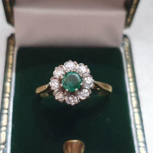 ART DECO EMERALD DIAMOND 18CT GOLD FLOWER HALO RING SIZE M - ADDITIONAL PHOTO 8