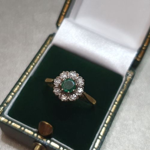 ART DECO EMERALD DIAMOND 18CT GOLD FLOWER HALO RING SIZE M - ADDITIONAL PHOTO 11
