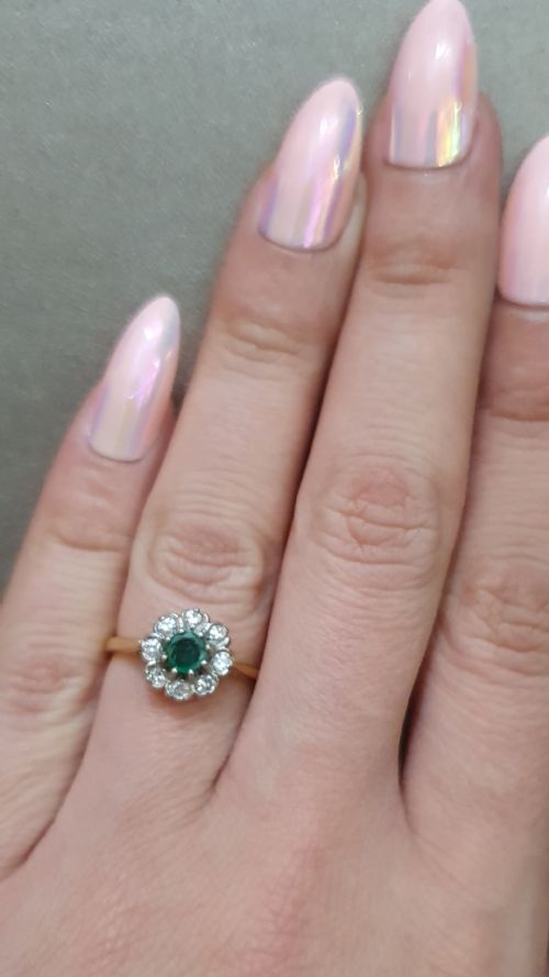 ART DECO EMERALD DIAMOND 18CT GOLD FLOWER HALO RING SIZE M - ADDITIONAL PHOTO 12