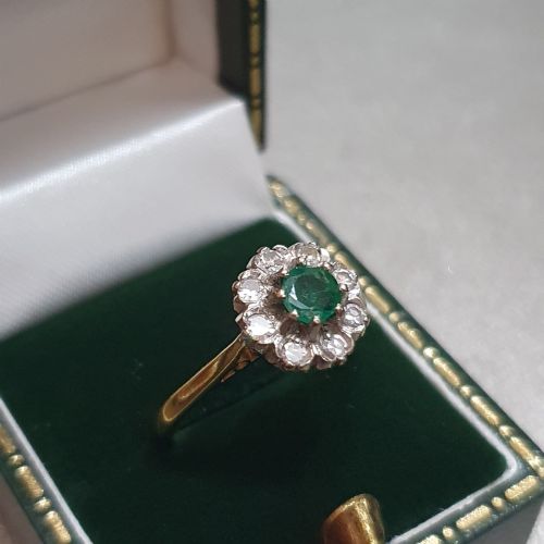 ART DECO EMERALD DIAMOND 18CT GOLD FLOWER HALO RING SIZE M - ADDITIONAL PHOTO 7
