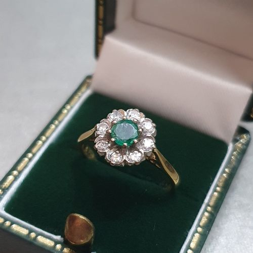 ART DECO EMERALD DIAMOND 18CT GOLD FLOWER HALO RING SIZE M - ADDITIONAL PHOTO 10