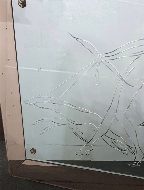 RARE ART DECO LADY WITH BORZOI ETCHED LARGE MIRROR WITH PINK PEACH FRAME - ADDITIONAL PHOTO 2