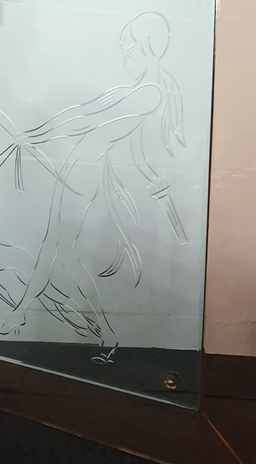 RARE ART DECO LADY WITH BORZOI ETCHED LARGE MIRROR WITH PINK PEACH FRAME - ADDITIONAL PHOTO 5