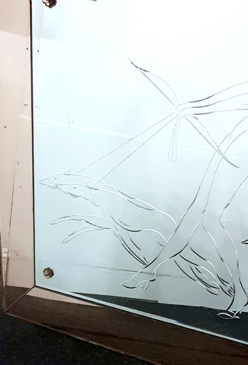 RARE ART DECO LADY WITH BORZOI ETCHED LARGE MIRROR WITH PINK PEACH FRAME - ADDITIONAL PHOTO 6