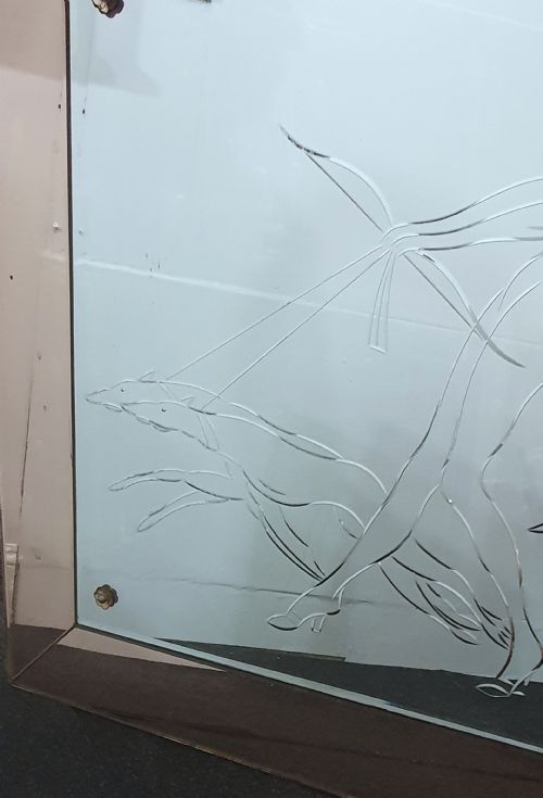 RARE ART DECO LADY WITH BORZOI ETCHED LARGE MIRROR WITH PINK PEACH FRAME - ADDITIONAL PHOTO 9