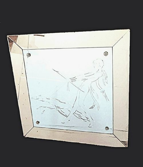 rare art deco lady with borzoi etched large mirror with pink peach frame - CATEGORY: ANTIQUE MIRRORS - DATED 1930
