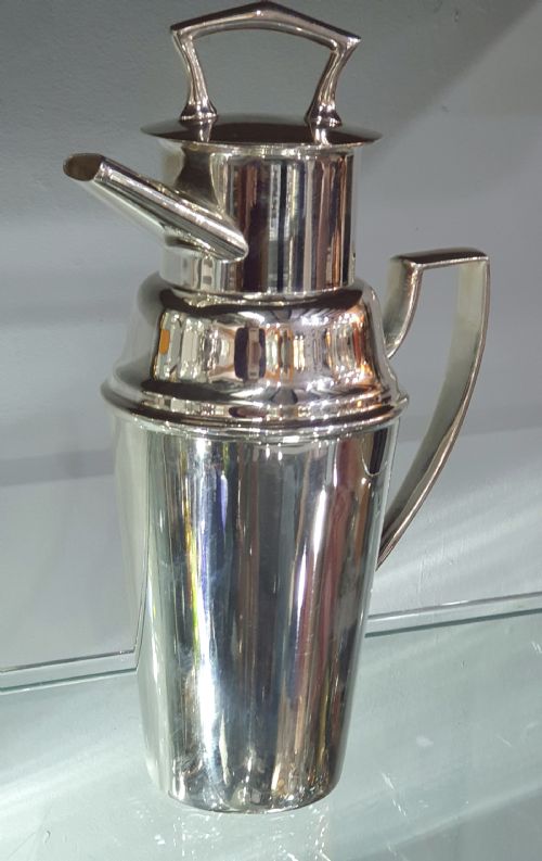 fig 1. Asprey 1920s Art Deco Cocktail Shaker with Handle & Pouring Spout - Silver Plated