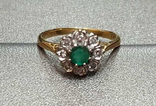 ART DECO EMERALD DIAMOND 18CT GOLD FLOWER HALO RING SIZE M - ADDITIONAL PHOTO 5