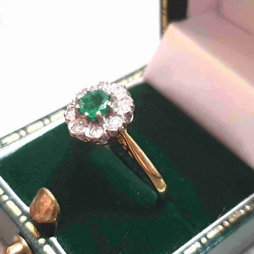 ART DECO EMERALD DIAMOND 18CT GOLD FLOWER HALO RING SIZE M - ADDITIONAL PHOTO 9