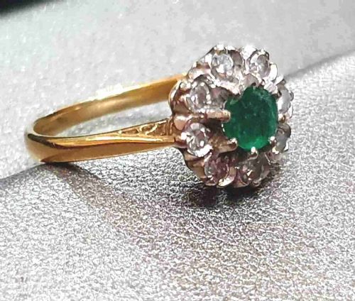 ART DECO EMERALD DIAMOND 18CT GOLD FLOWER HALO RING SIZE M - ADDITIONAL PHOTO 14