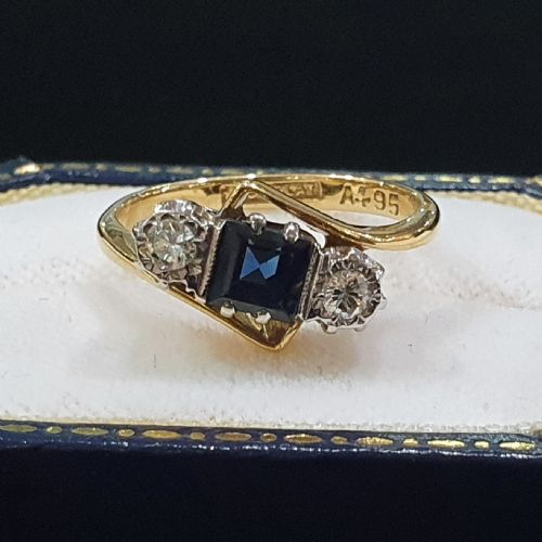 ART DECO PLATINUM SET PRINCESS SAPPHIRE BRILLIANT DIAMONDS 18CT GOLD RING SIZE M N - ADDITIONAL PHOTO 2