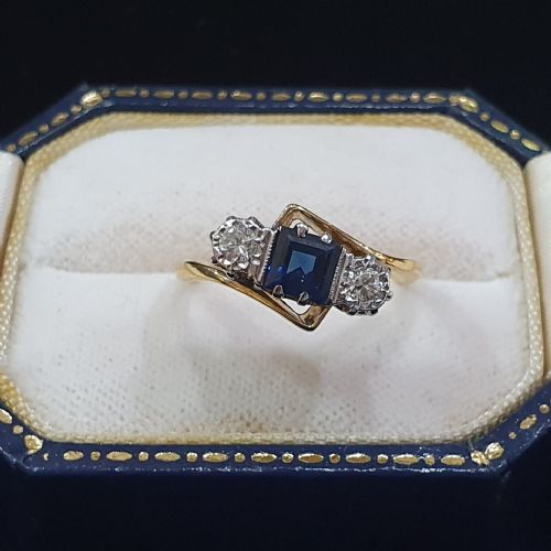 ART DECO PLATINUM SET PRINCESS SAPPHIRE BRILLIANT DIAMONDS 18CT GOLD RING SIZE M N - ADDITIONAL PHOTO 4